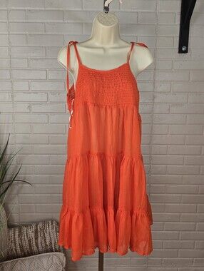 Vero Moda Bright Orange Tiered Smocked Mini Swim Cover Up Dress Oversized Small